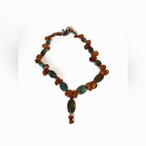 Turquoise And Amber Necklace, Vtg, Handmade Artisan, Sterling Toggle Closure